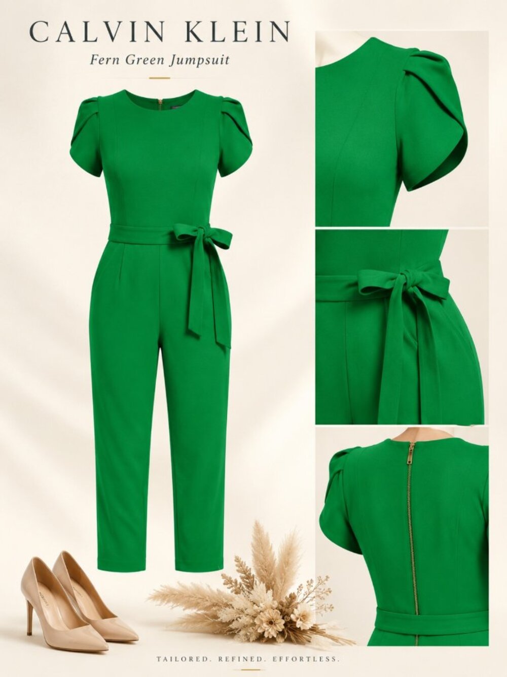 Calvin Klein Emerald Green Short Sleeve Belted Jumpsuit - Picture 2 of 6